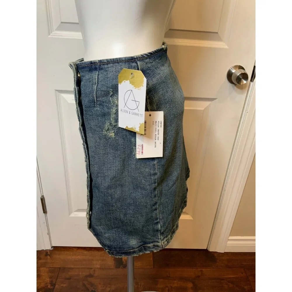 retrofete Willa Denim Mini Blue Jean Skirt Pearl Buttons, Size S, NWT! $350